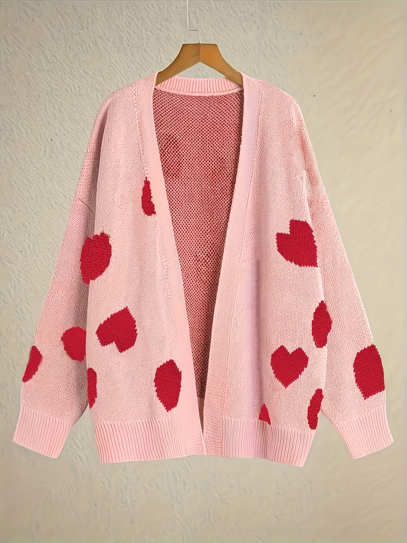 Plus Size Women's Pink Heart Pattern Cardigan Long Sleeve Open Front Sweater