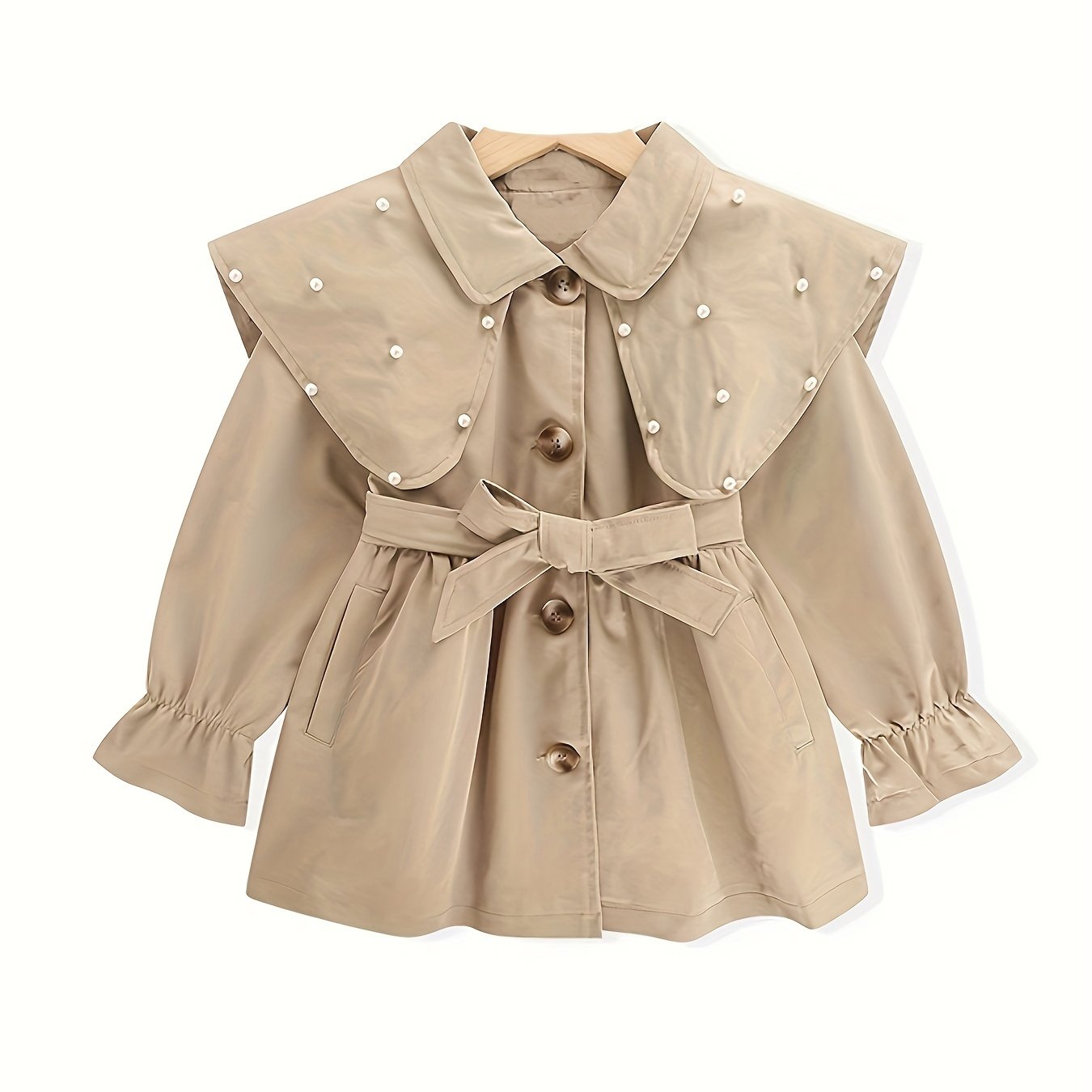 Девочкиное плащ с бусинами и большим воротником-куклой для весны и осени