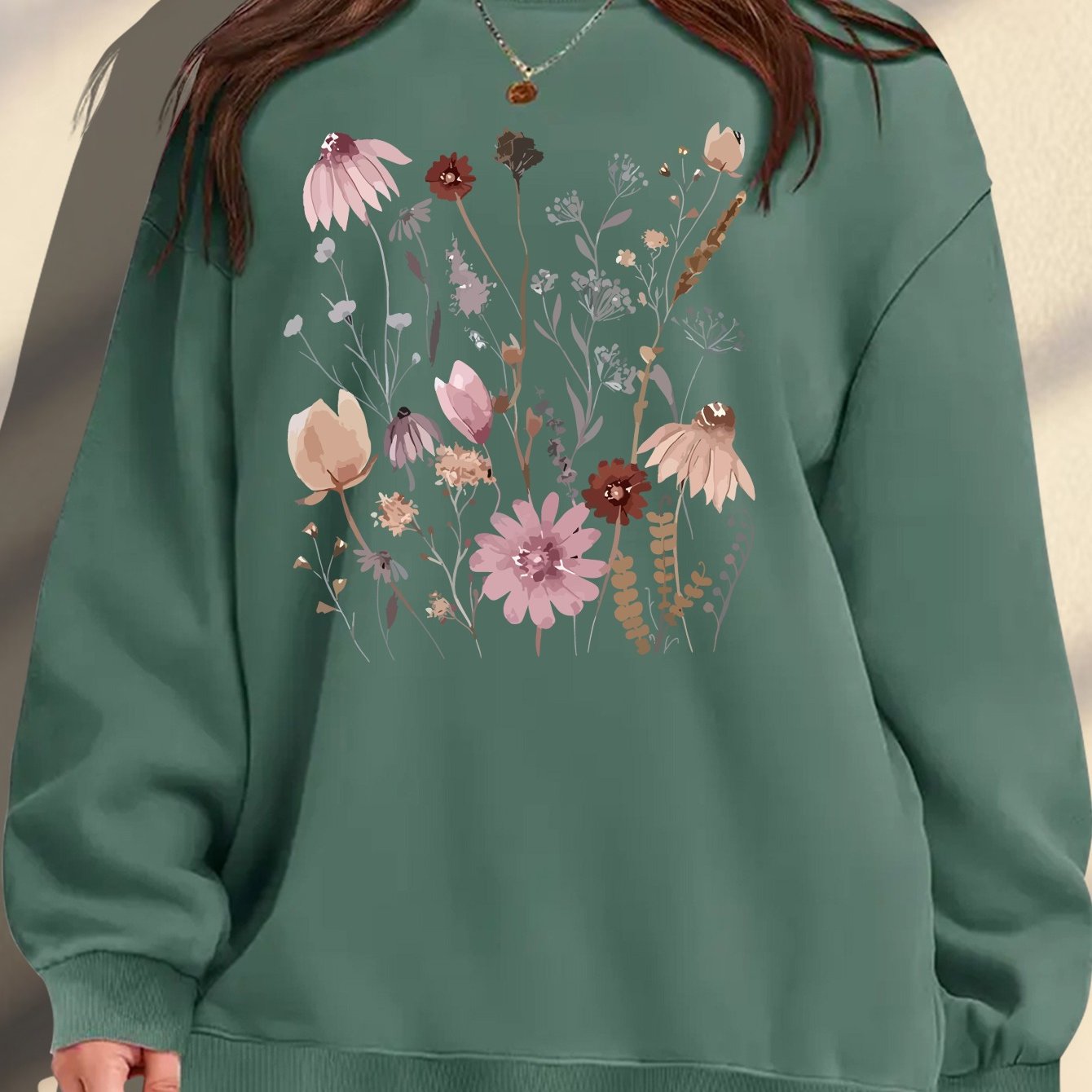 Women's Plus Size Floral Print Sweatshirt Cozy Maroon Pullover Autumn Wear