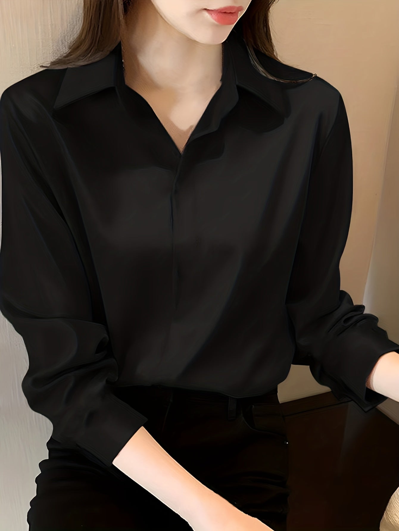 Women's Polyester Long Sleeve Blouse Solid Color Lapel Collar Non-Stretch Woven Professional Style