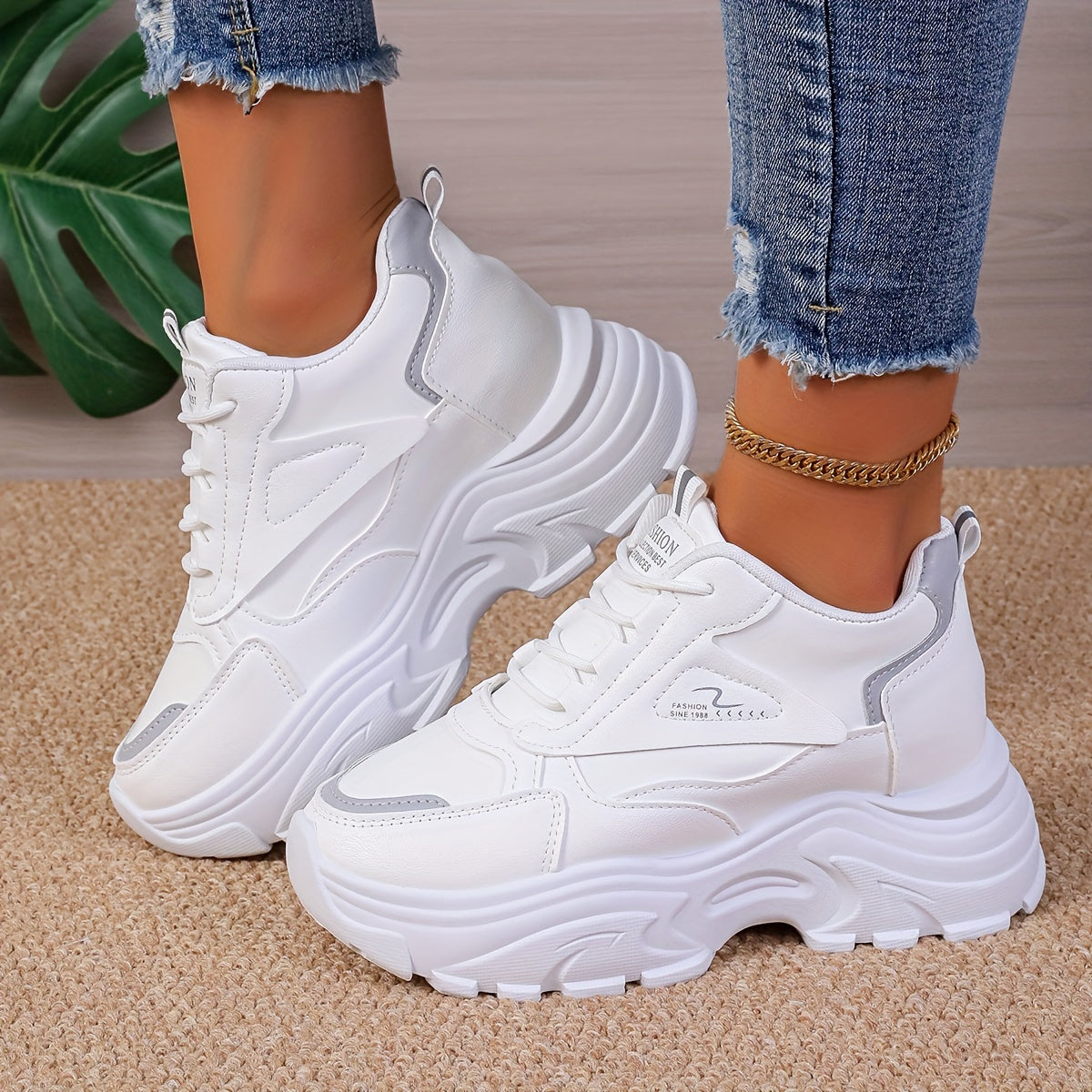 Women's Chunky Sneakers with Wedge Heel Casual Lace-Up Low Top Rubber Sole