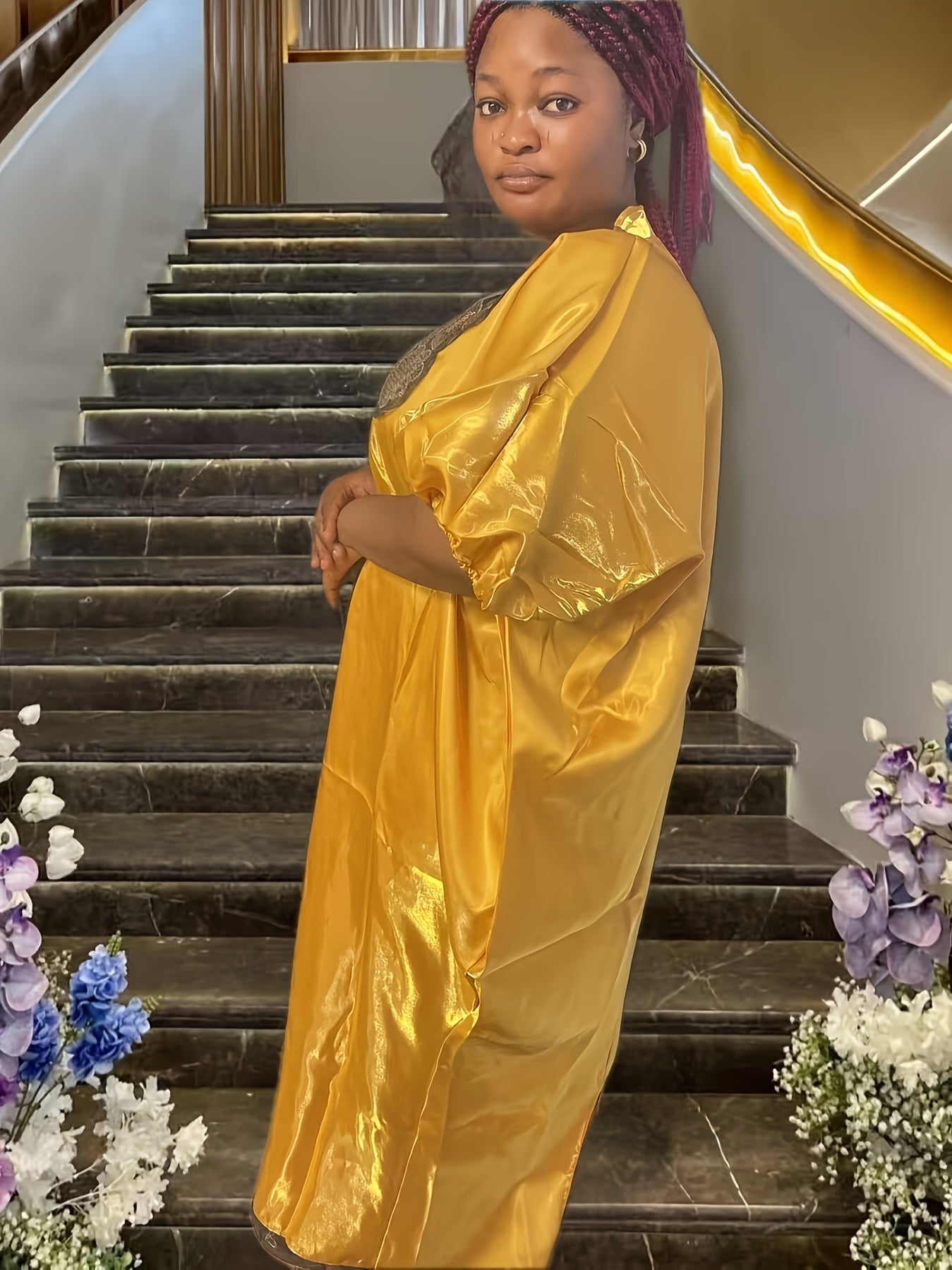 Women's Plus Size Sequin Maxi Dress with Round Neck Batwing Sleeves