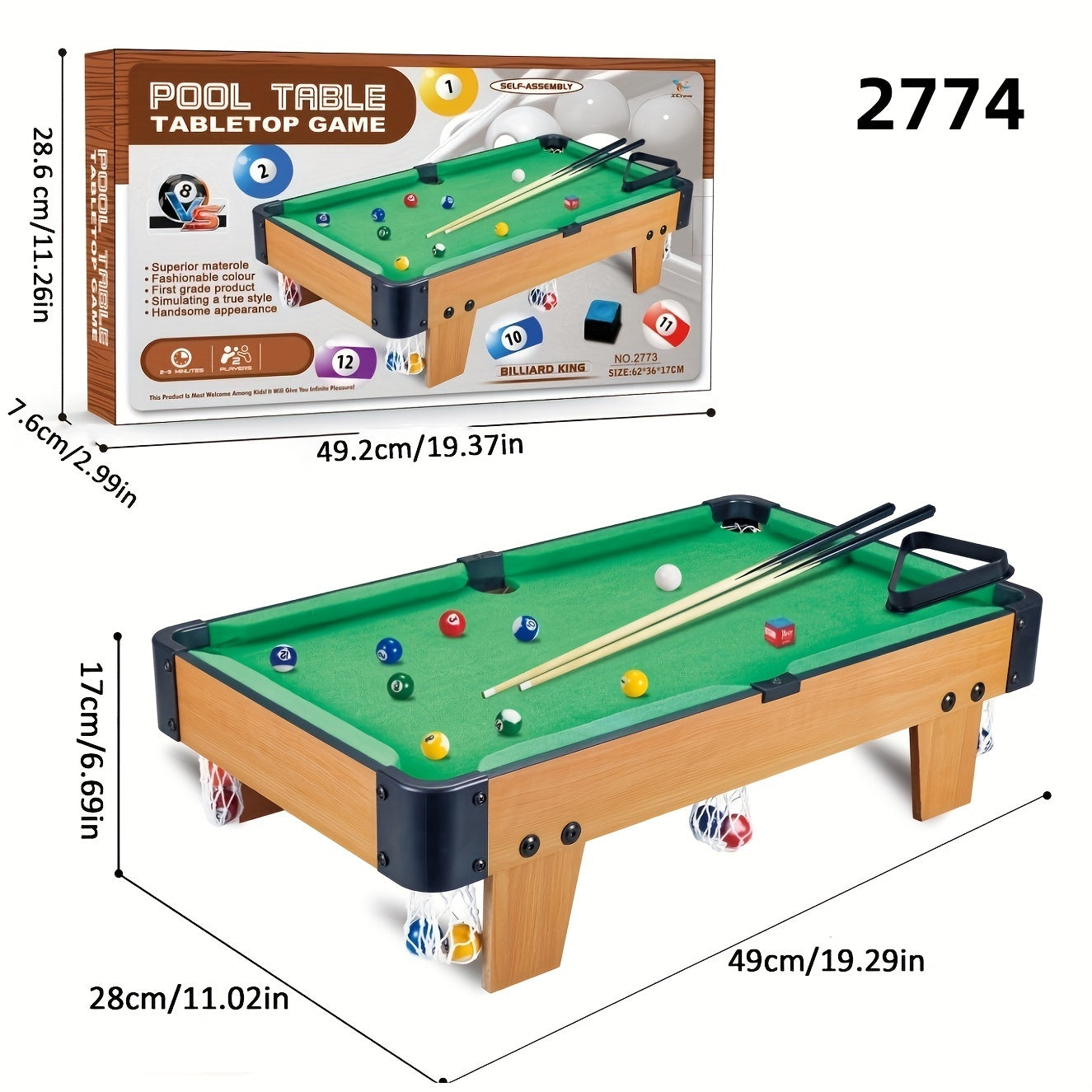 Self-Assembled Wooden Pool Table Set with Cues and 15 Balls for Indoor Play Multiple Sizes