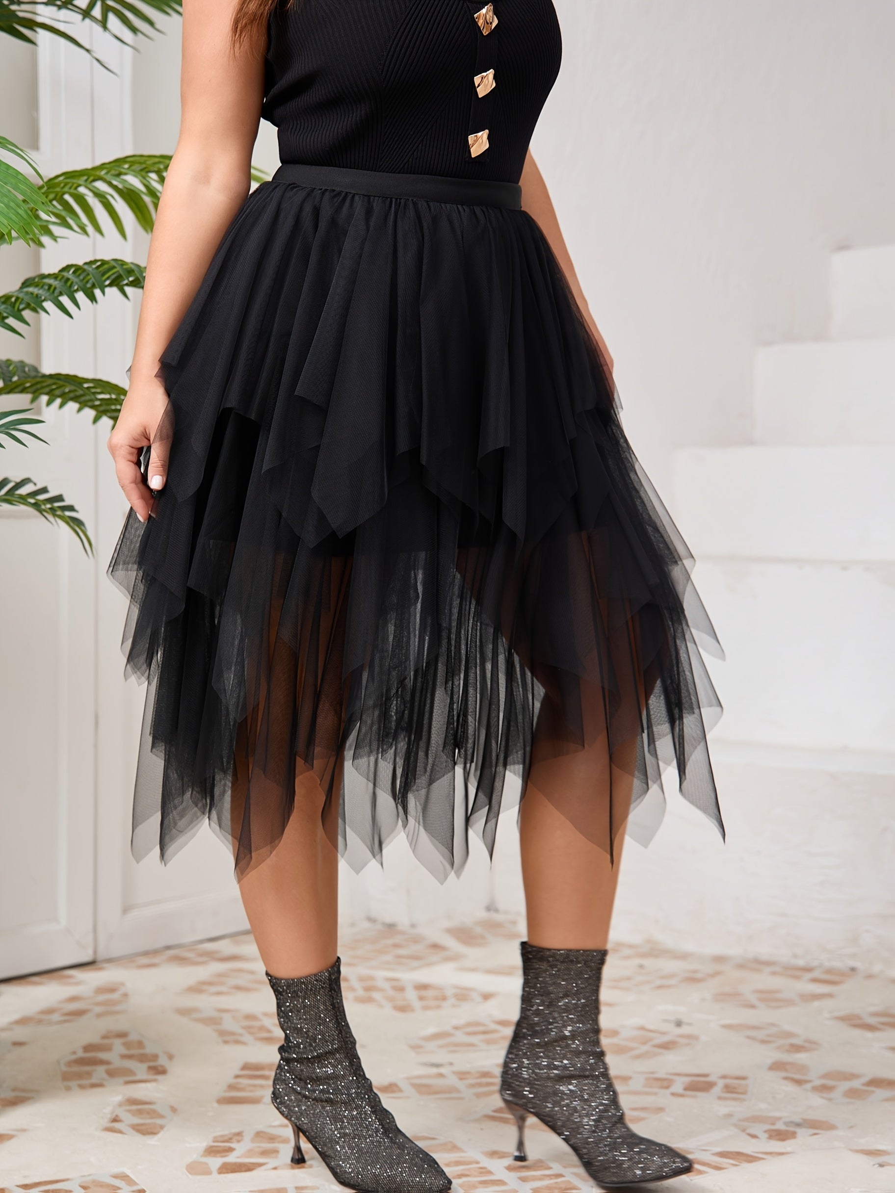 Falda irregular de malla negra para mujer talla grande para primavera verano otoño invierno