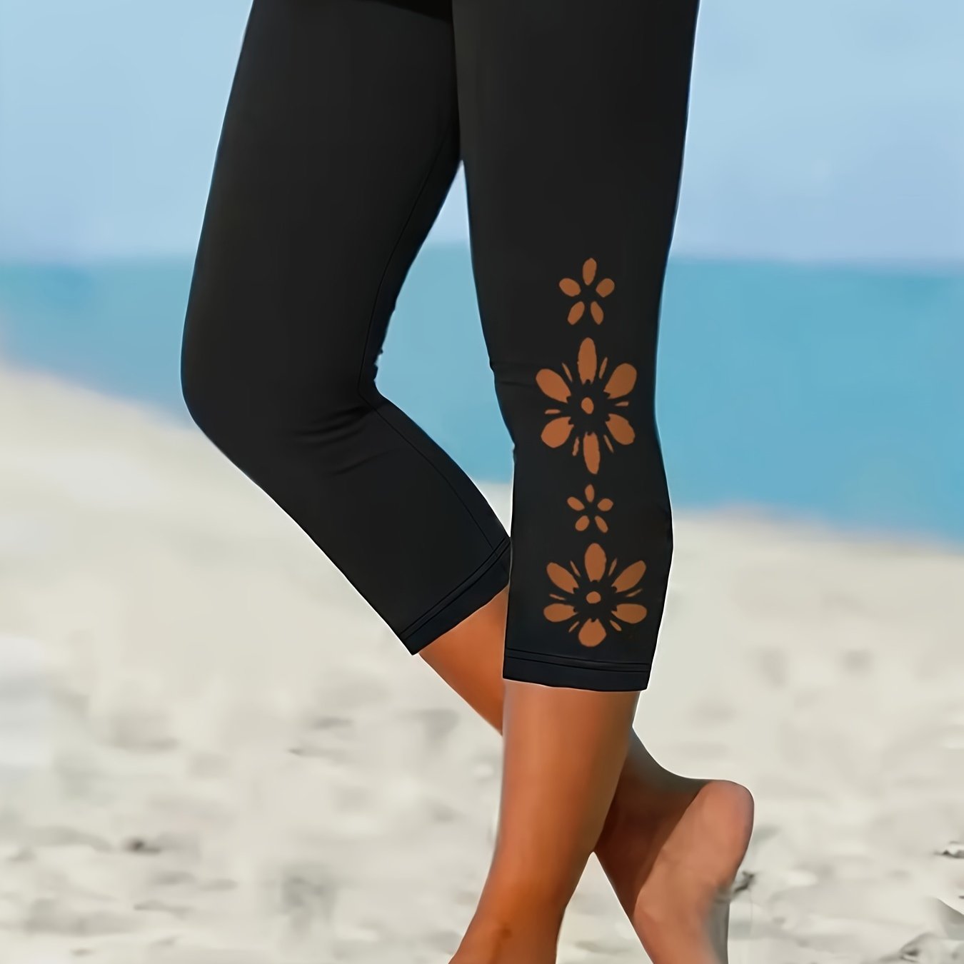Leggings capri de talla grande para mujer con estampado floral, cintura alta, verano, elásticos