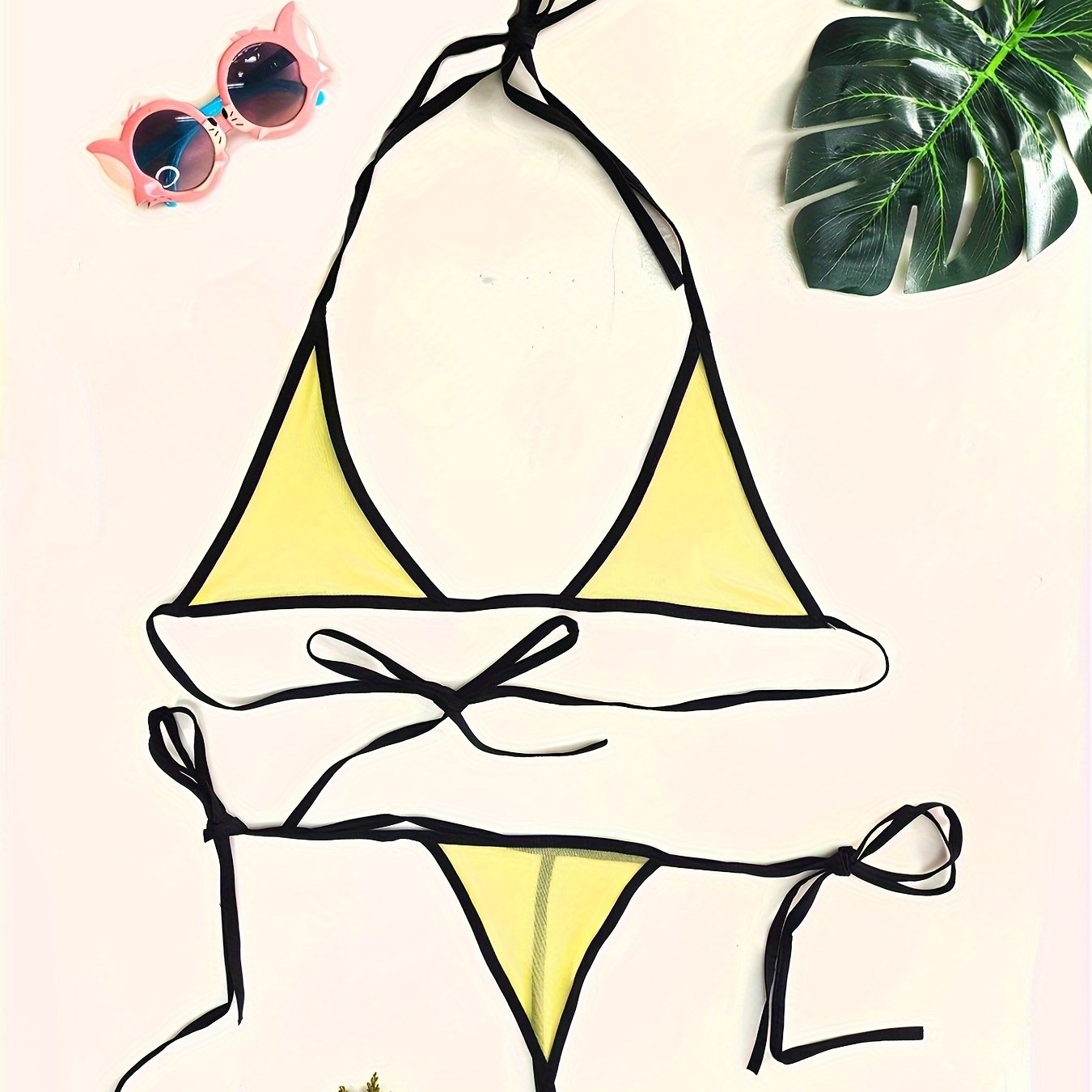 Mesh Bikini Lingerie Set with Green Triangle Trim and Adjustable Straps