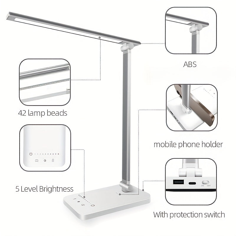 Adjustable LED Desk Lamp Touch Control Dimmable with 5 Lighting Modes USB Powered White or Black