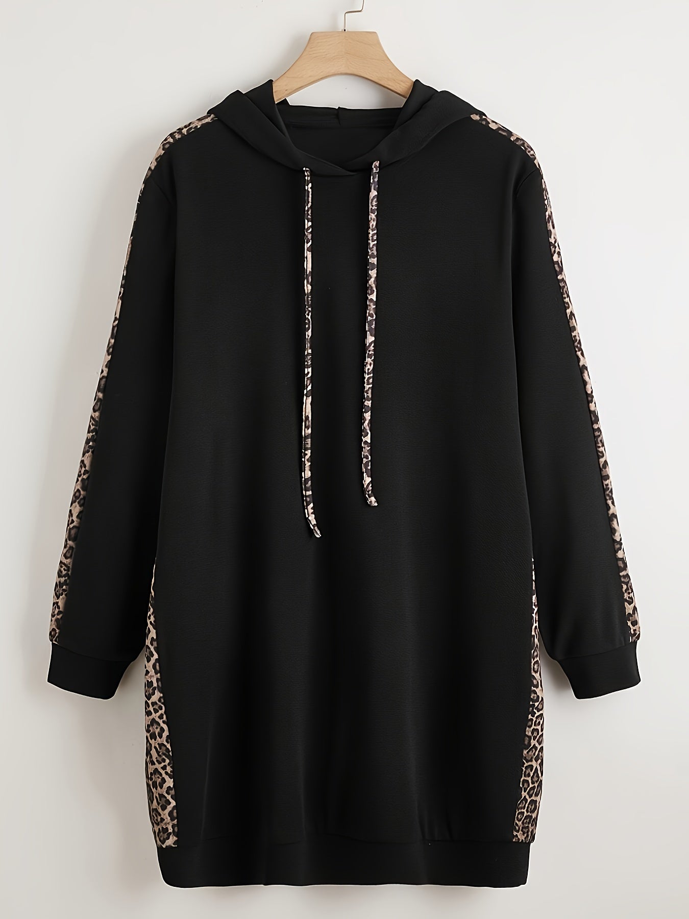 Black Hoodie for Women with Leopard Print Accents Polyester Knit Oversized Pullover