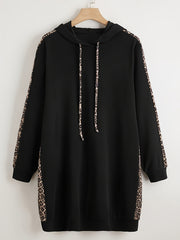 Black Hoodie for Women with Leopard Print Accents Polyester Knit Oversized Pullover