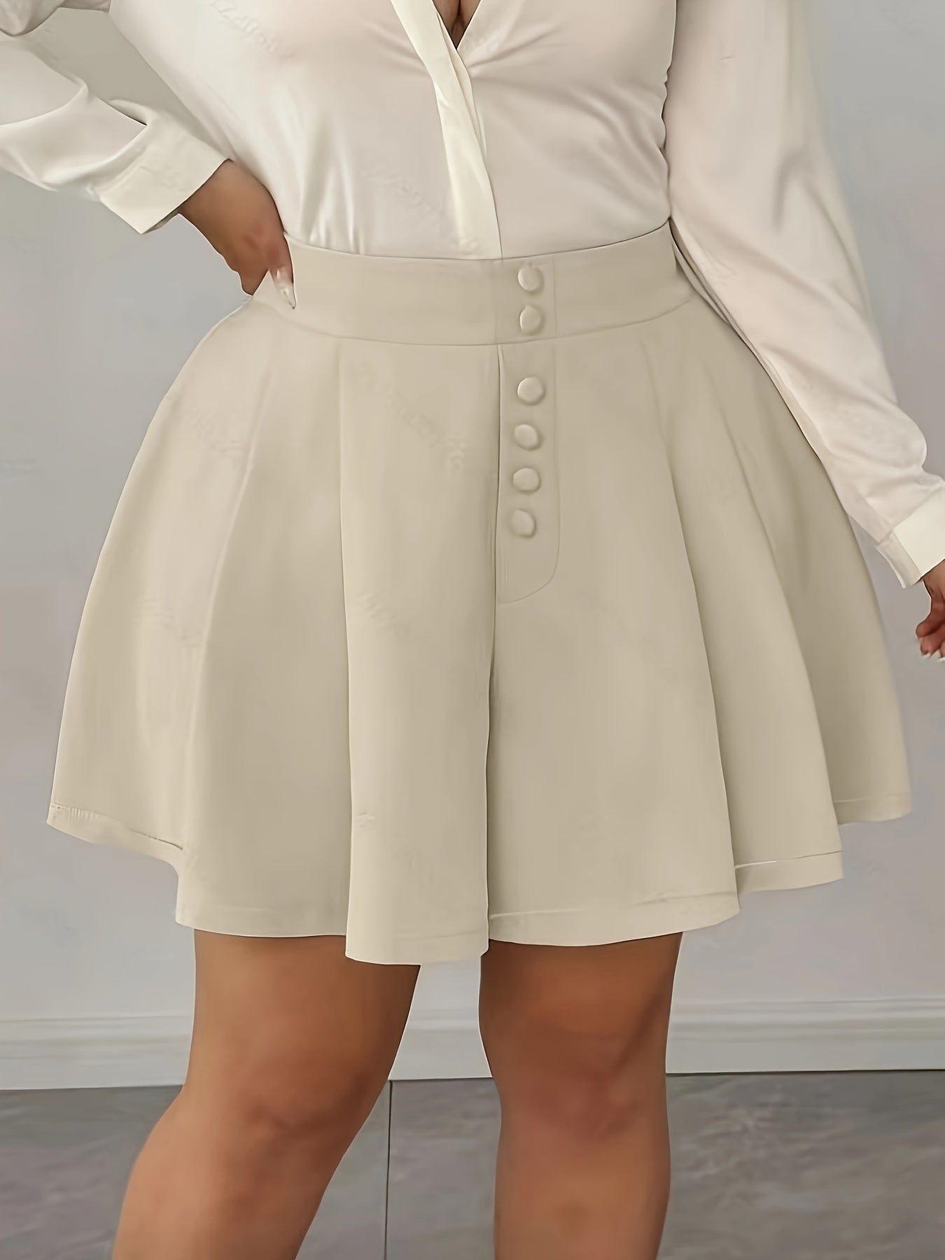 Pantalones cortos de talla grande para mujer de cintura alta, no elásticos, beige, oficina casual