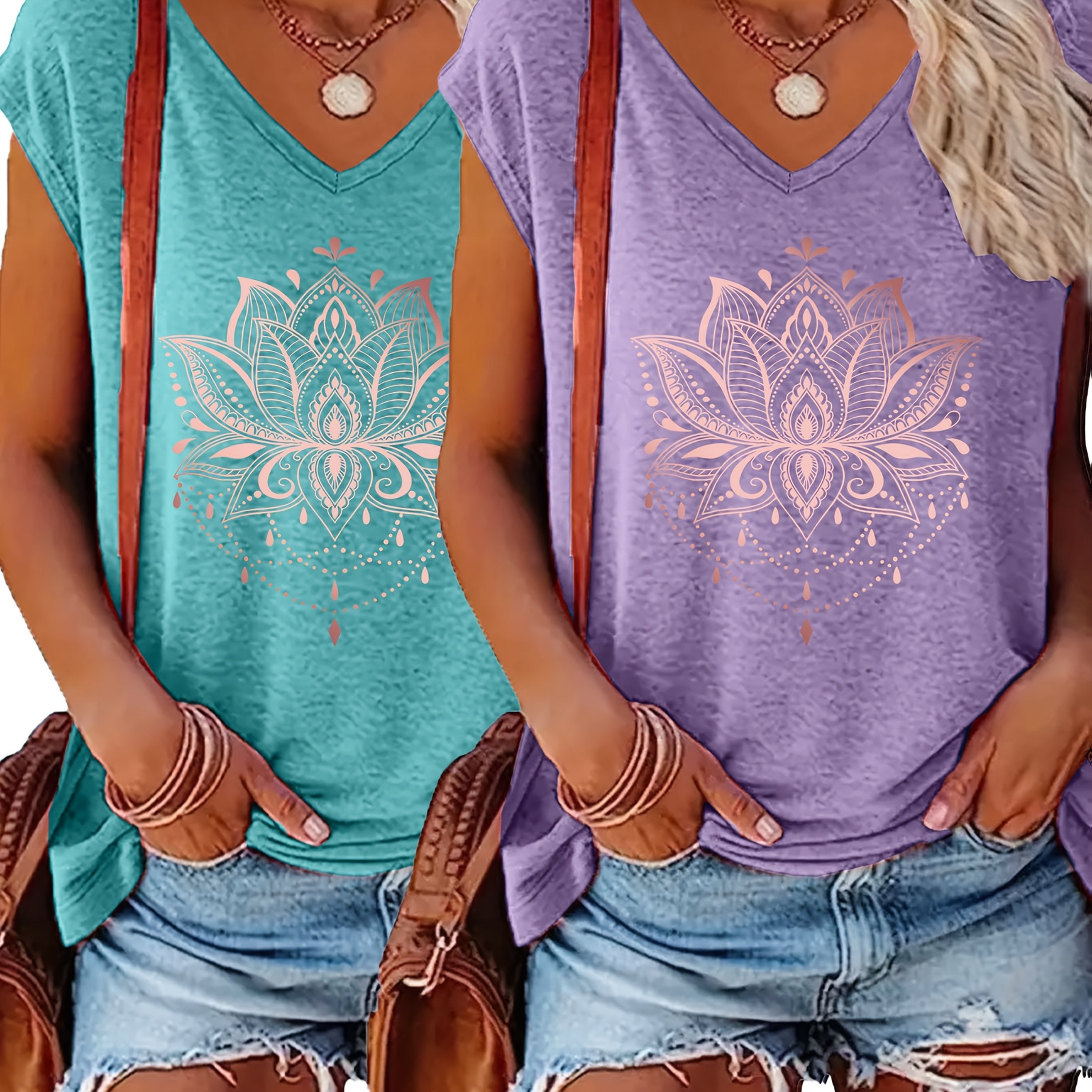 Women's V-Neck Short Sleeve T-Shirts 2-Pack Geometric Floral Print Lightweight  
Breathable Summer Tees Black Turquoise