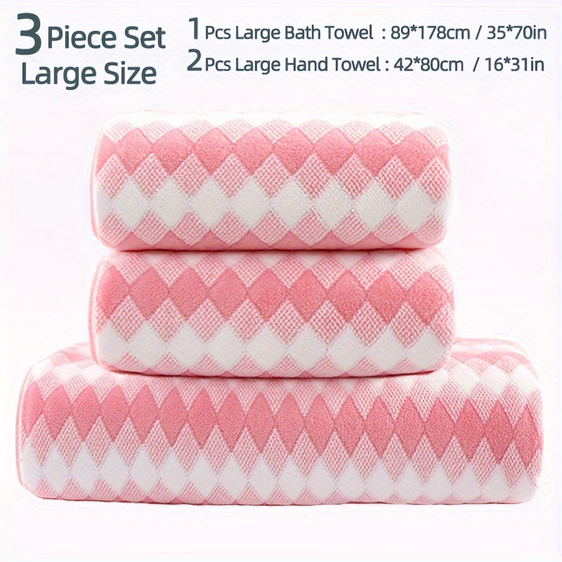 Plaid Pattern Towel Set Coral Velvet 2 Bath Towels 1 Hand Towel Absorbent