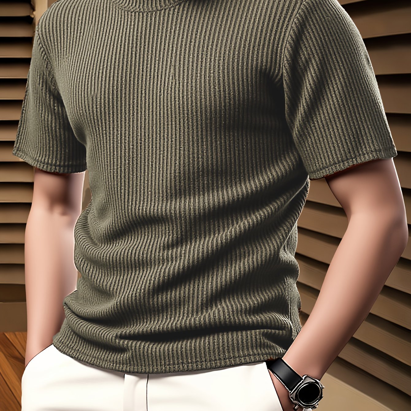 Camiseta de manga corta para hombre con cuello redondo de punto jacquard, top casual para todas las estaciones