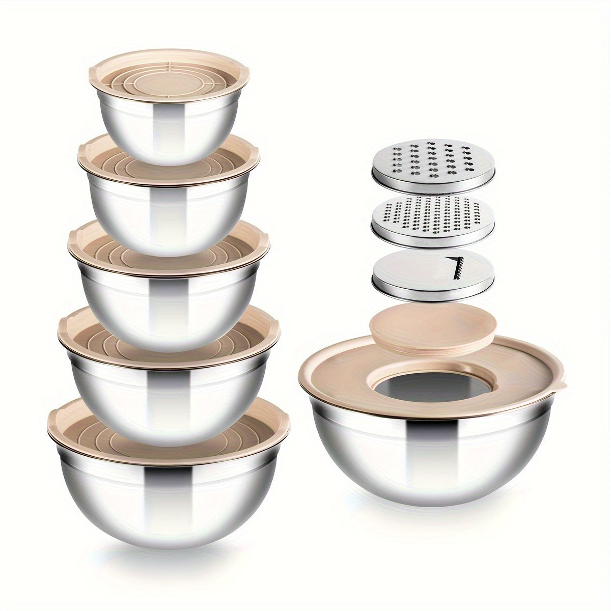 15-Piece Stainless Steel Mixing Bowls Set with Airtight Lids and Grater Attachments