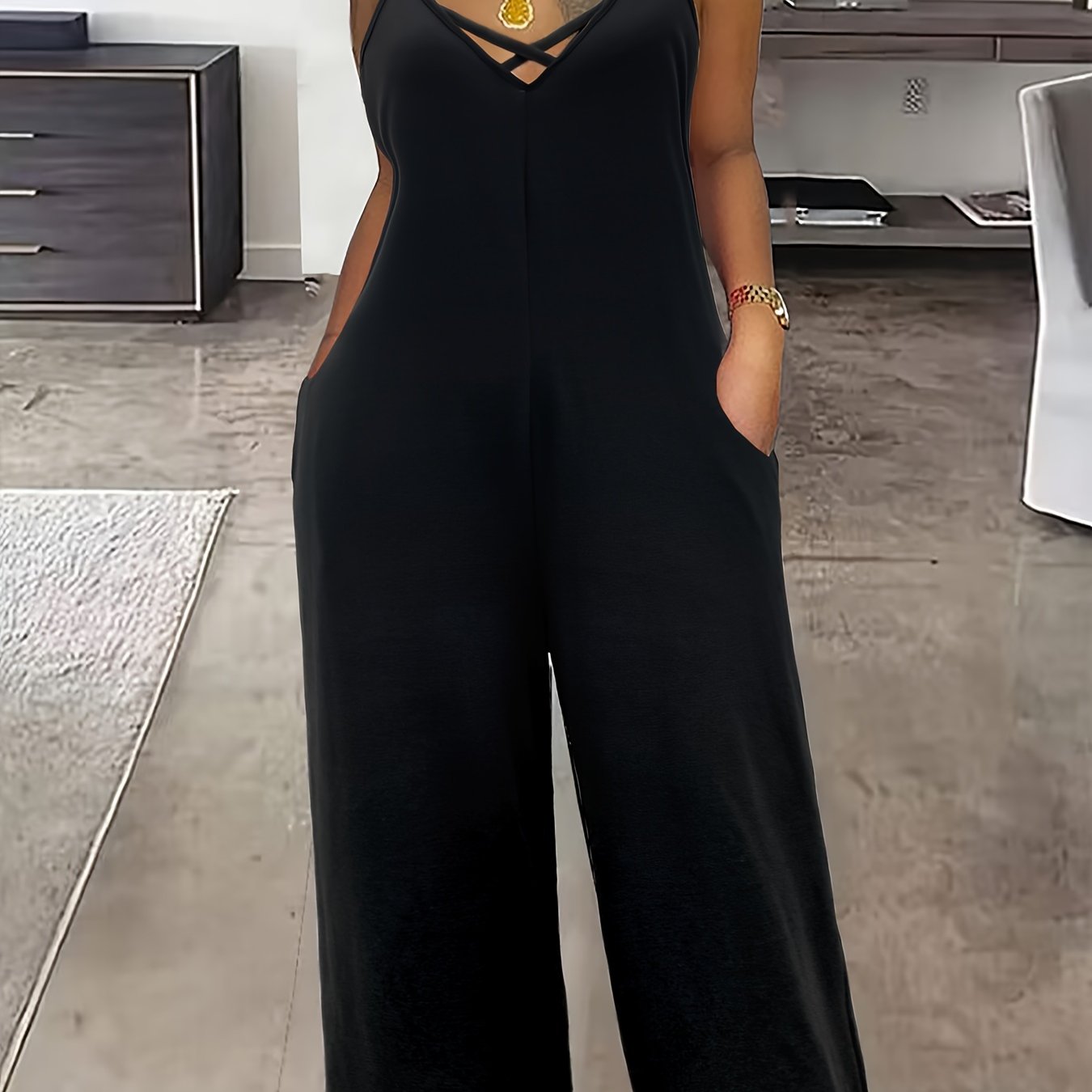 Women's Casual Cross-Design Sleeveless Bodysuit Pants with Pockets