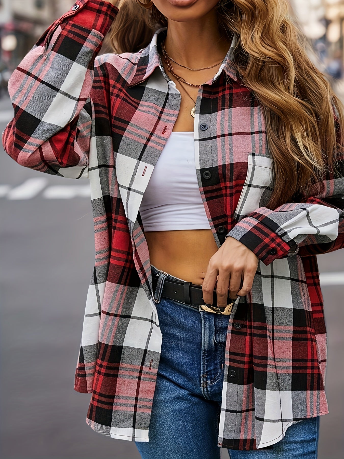 Women's Plus Size Plaid Long Sleeve Button-Up Blouse Top
