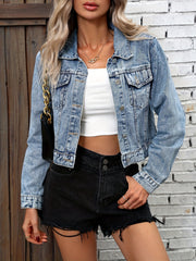Women's Blue Denim Jacket with Cropped Lapel and Single-Breasted Button Pockets