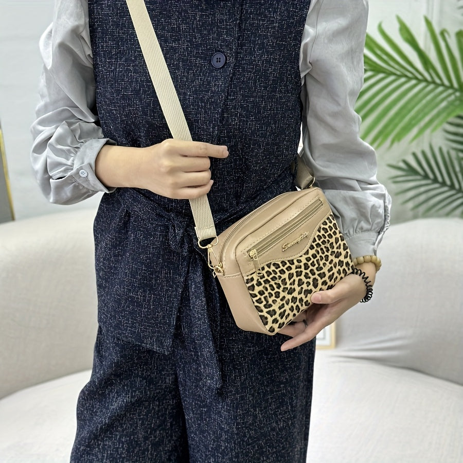 Bolso bandolera de leopardo para mujer, pequeño, de PU negro, casual, con bolsillo para teléfono y monedero