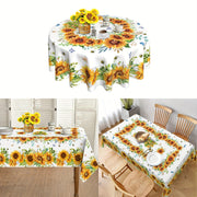 Sunflower Round Tablecloth with Floral Design Butterflies Bees Stain-Resistant Polyester Farmhouse Style for Kitchen Dining Picnic