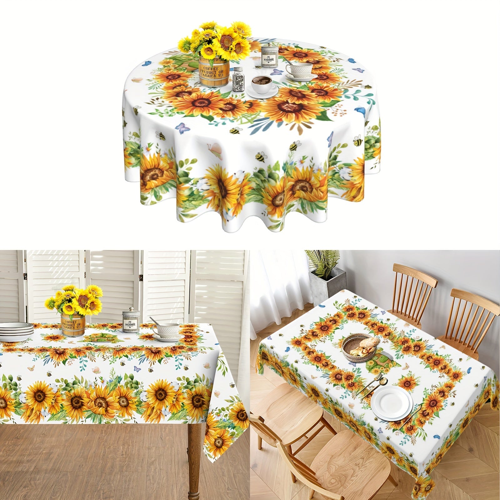 Sunflower Round Tablecloth with Floral Design Butterflies Bees Stain-Resistant Polyester Farmhouse Style for Kitchen Dining Picnic