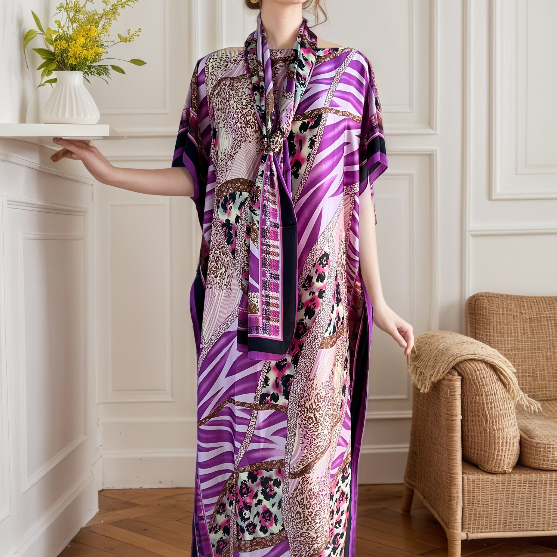 vestido largo de mujer de tallas grandes con estampado geométrico y bufanda para todas las estaciones en morado, marrón, rosa y negro