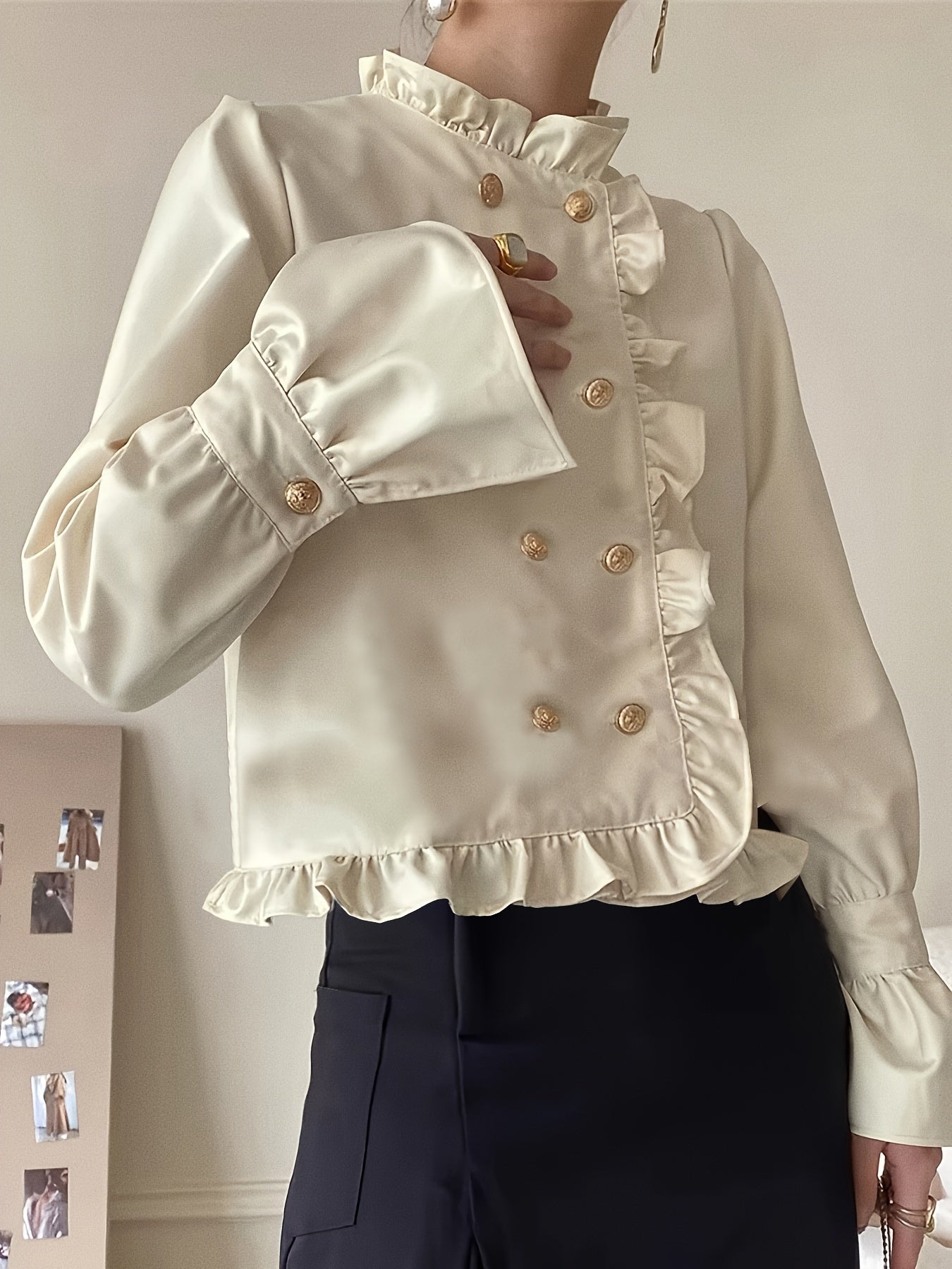 Women's Cream Ruffle Trim Blouse with Stand Collar Polyester Elegant Top