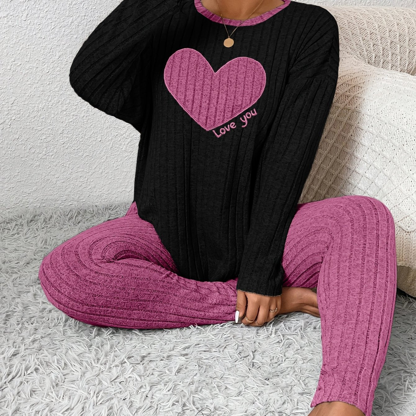 Plus Size Heart Fitted Long Sleeve and Long Pants Loungewear Set