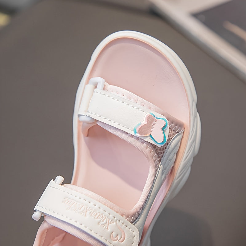 Girls Summer Sandals Lightweight Non-Slip Pink White Heart Wing Design Breathable Mesh