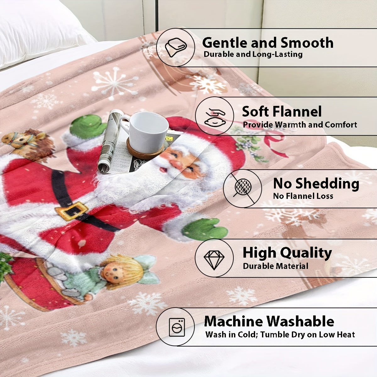 Flannel Throw Blanket with Santa Claus Print All-Season Stain-Resistant Gift
