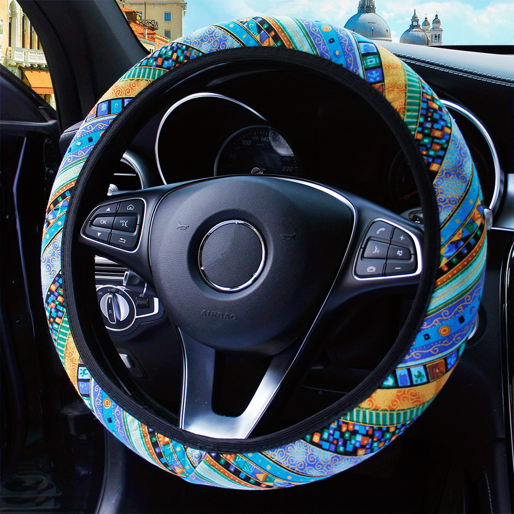 Unisex Bohemian Breathable Ethnic Fabric Car Steering Wheel Cover Polyester Fiber