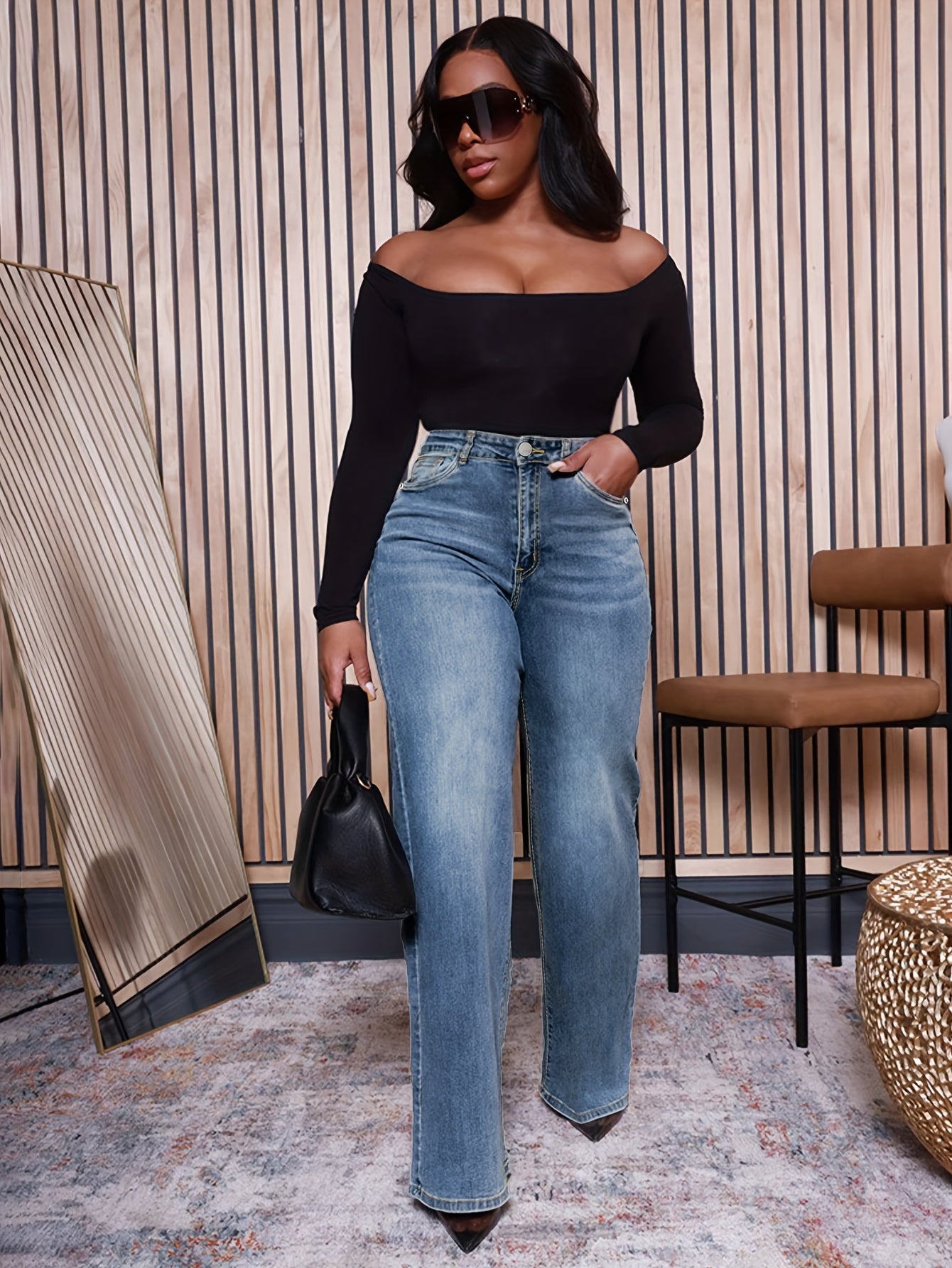 Women's Plus Size Wide Leg Denim Jeans Stretch Washed Blue Casual Pants