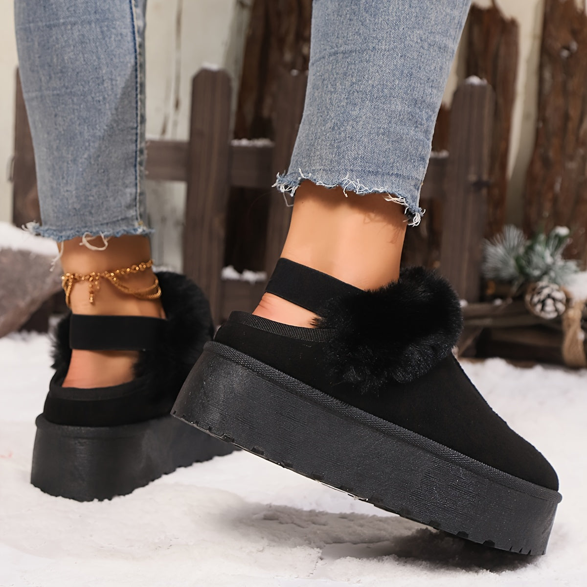 Women's Flannel Indoor Outdoor Slippers Snow Boots Faux Fur Trim