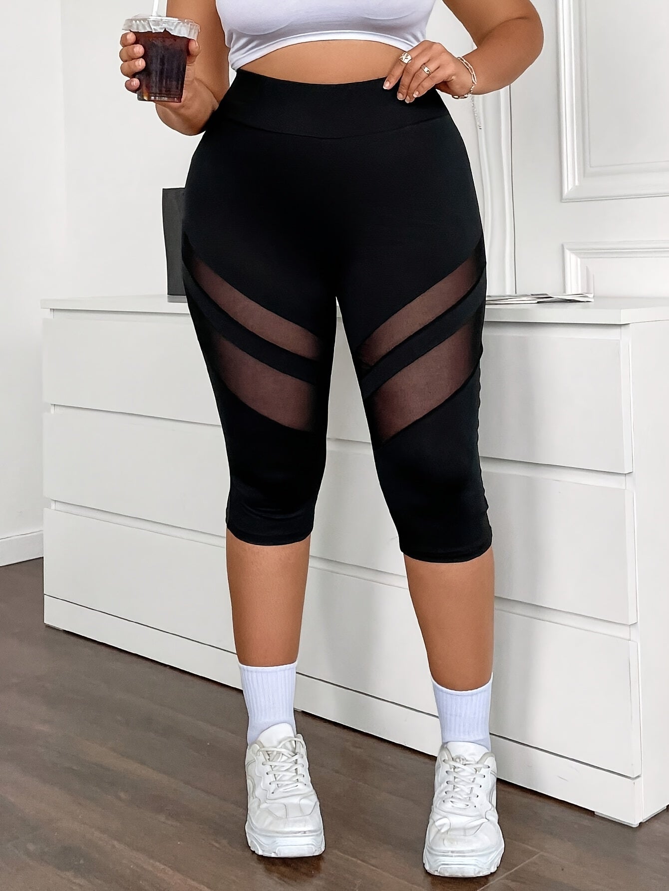 Plus Size Womens High-Waisted Mesh Panel Capri Leggings Black Breathable Summer Activewear