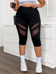 Plus Size Womens High-Waisted Mesh Panel Capri Leggings Black Breathable Summer Activewear