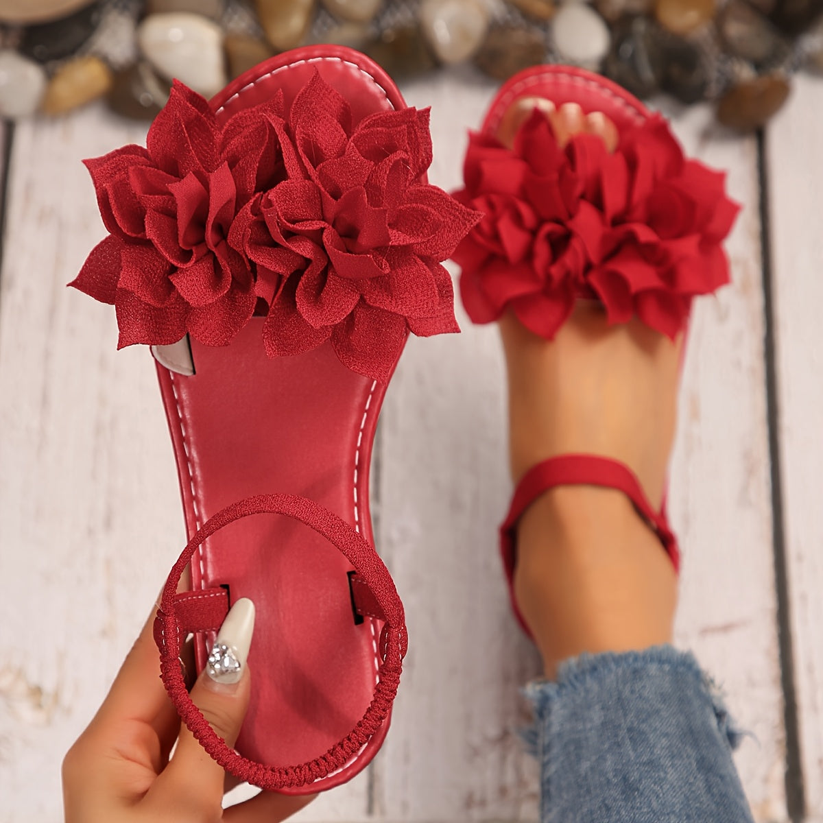 Women's Plus Size Flat Sandals with Elastic Lotus Flower Open Toe