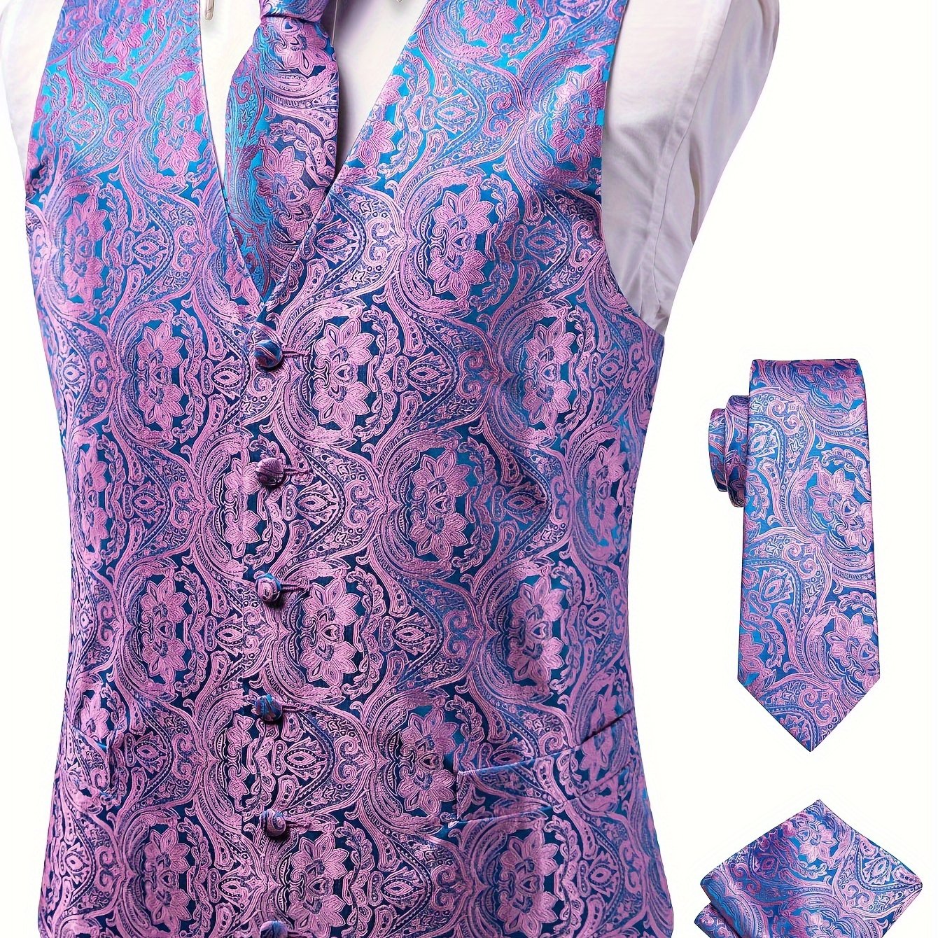 Plus Size Men's Paisley Vest Set with Necktie Hanky Cufflinks for Business Wedding Party