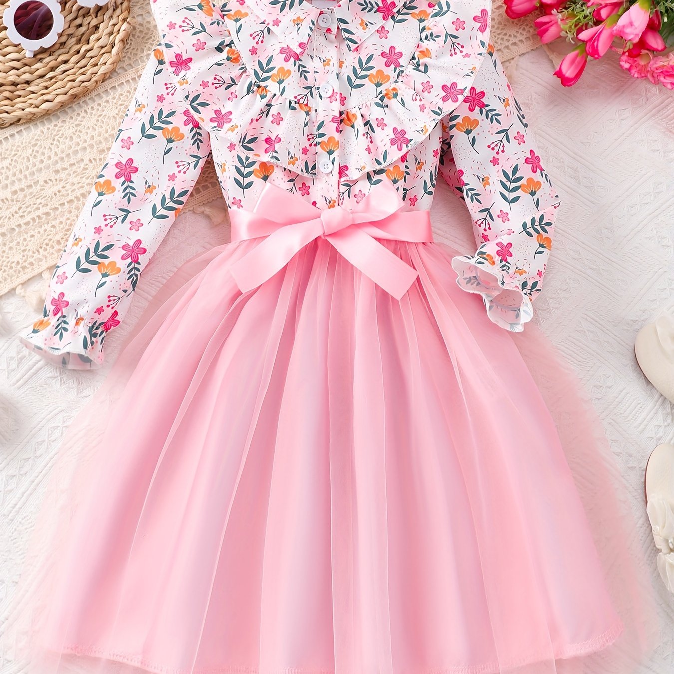 Girls' Long Sleeve Floral Ruffle Dress for Fall and Winter Holidays