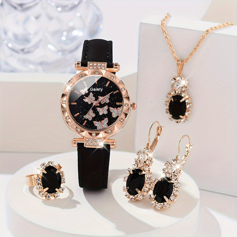 Women's Jewelry Set of 5 Shiny Rhinestone Quartz Watches and Bracelets Made of PU Leather