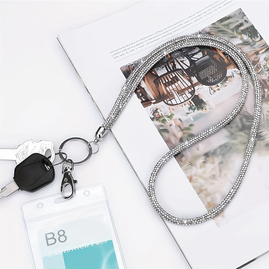 Sparkly Crystal-Studded Office Lanyard with Metal Clasp and Keyring for Women