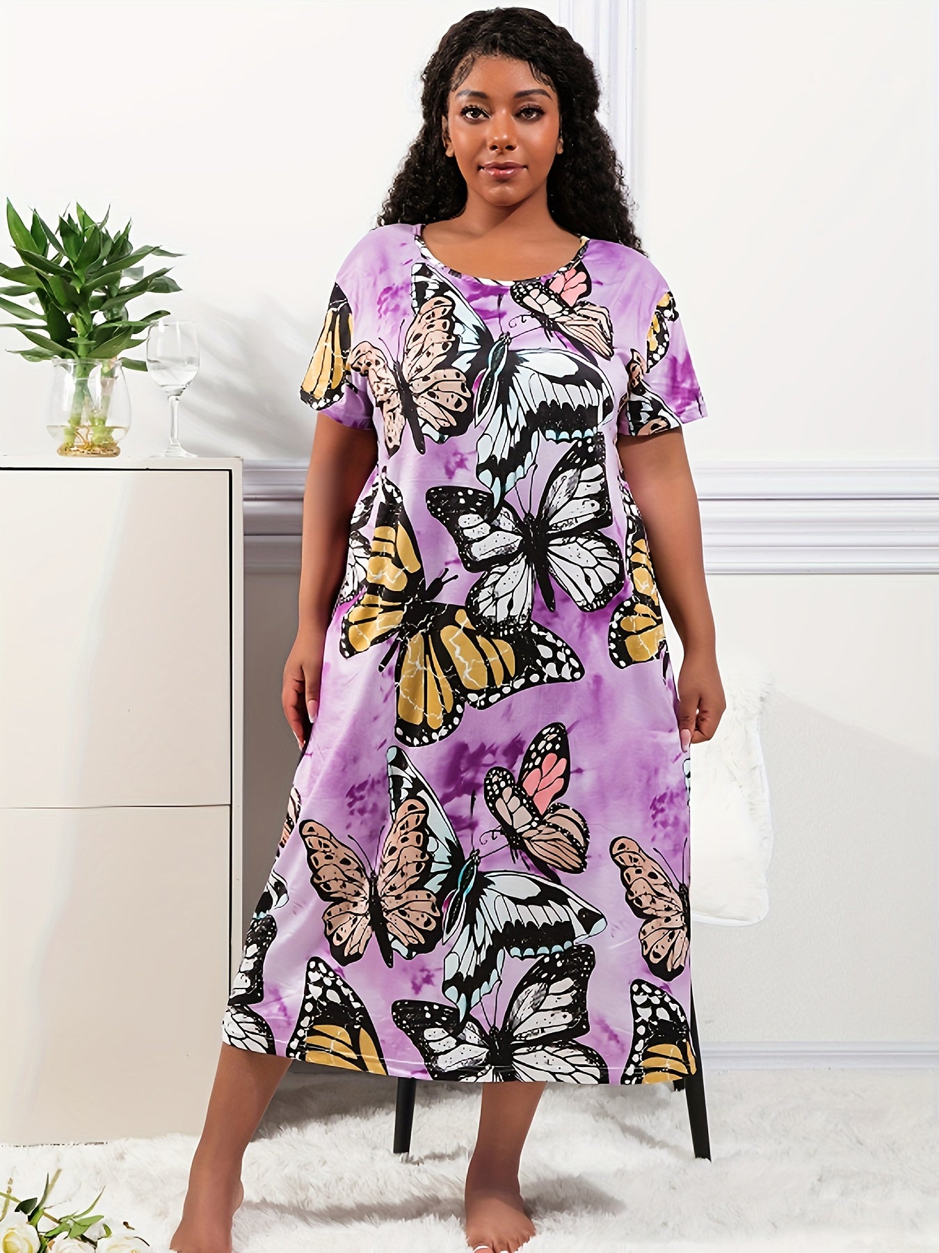 Ayollar uchun uyqu kiyimi, katta o'lcham, tie dye, kapalak naqshli, qisqa qo'lqopli kechki kiyim