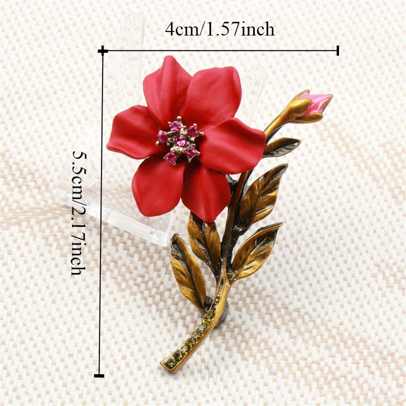 Elegant Red Enamel Floral Brooch Pin with Green Accent for Gifts and Celebrations