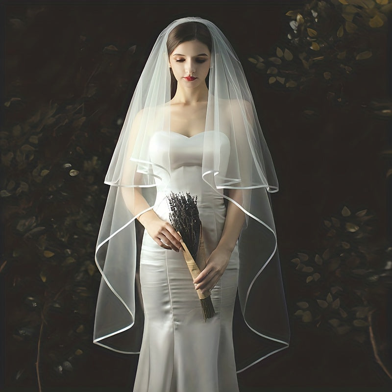 Velo de novia con borde de satén de doble capa y peine de metal para el cabello, accesorio para bodas