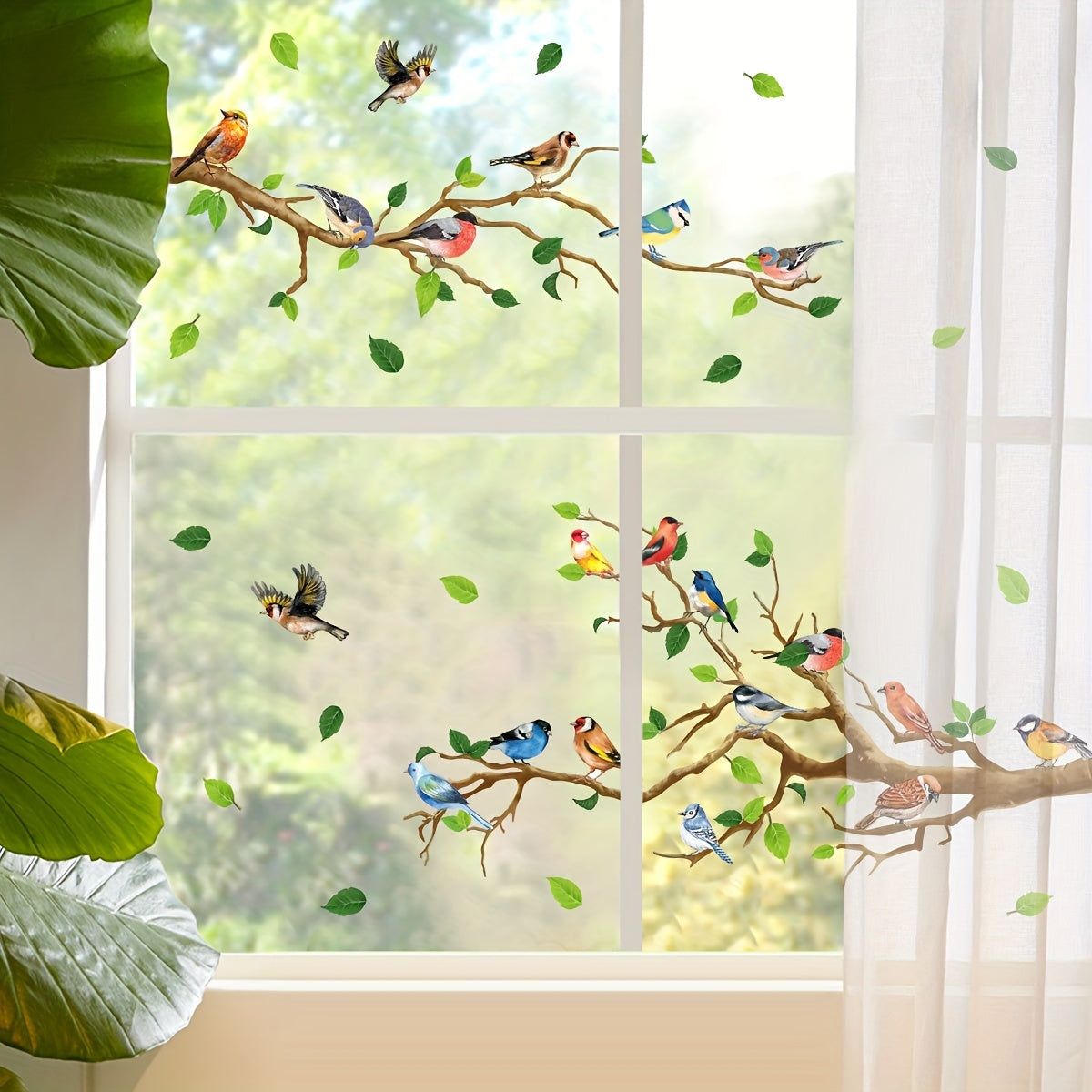 Dual-Sided Electrostatic Glass Window Decal with Colorful Bird and Branch Design, Reusable, 5mil Thick