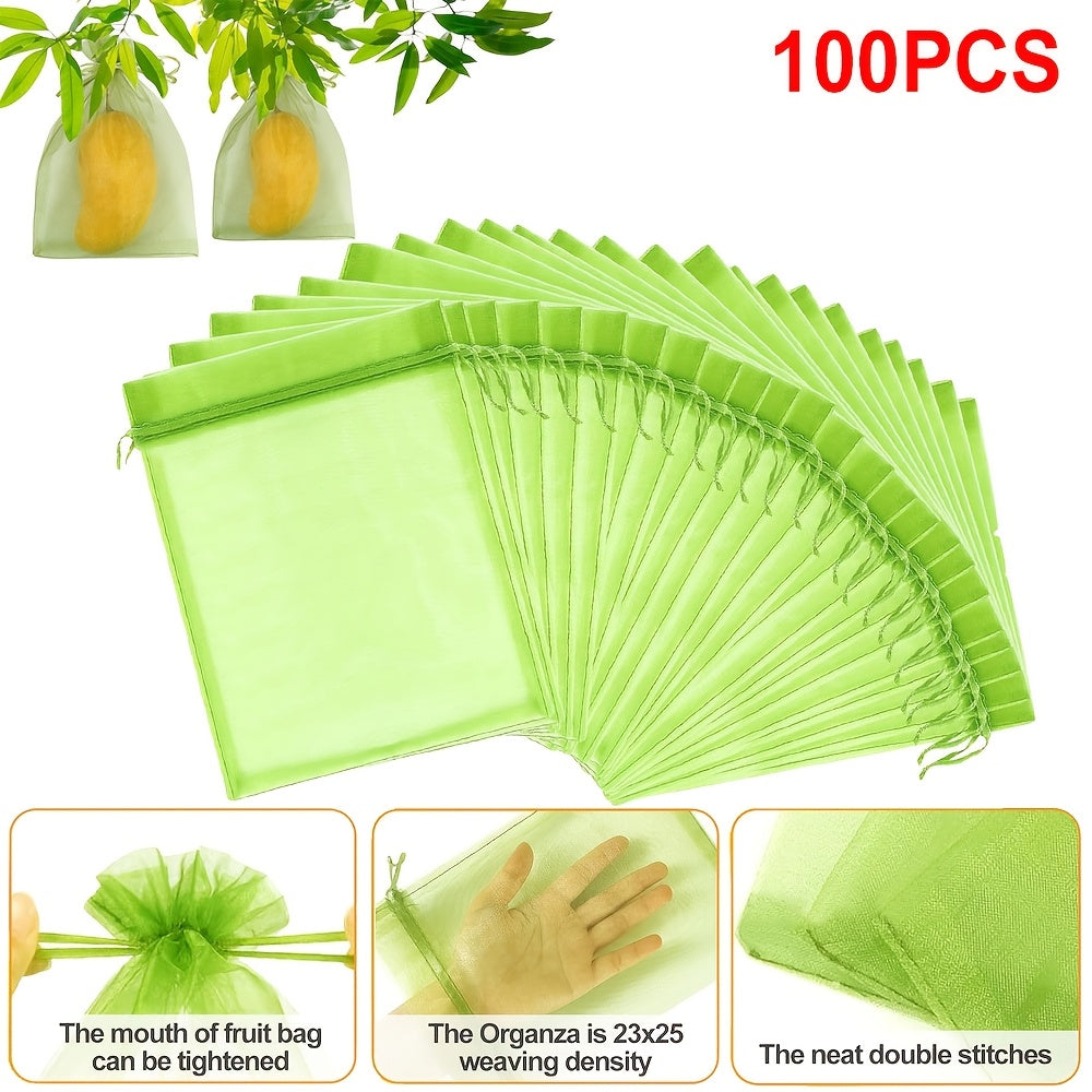 Green Breathable Mesh Fruit Protection Bags 100pcs with Drawstring for Grapes Strawberries Lemons