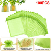Green Breathable Mesh Fruit Protection Bags 100pcs with Drawstring for Grapes Strawberries Lemons