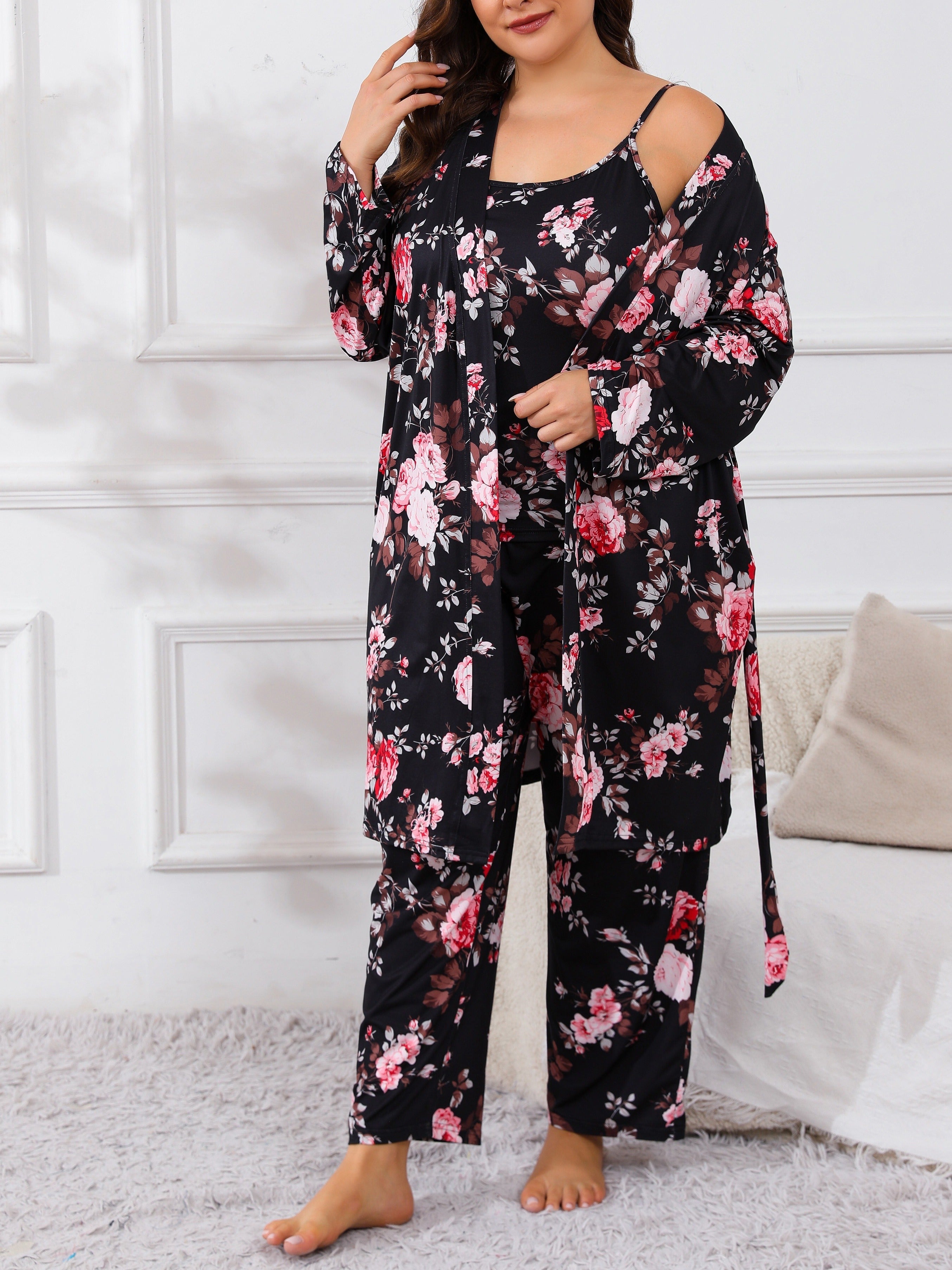 Plus Size Floral Print Pajama Set for Women Long Sleeve Lounge Robe Camisole and Pants Fall Winter Knit Polyester Blend