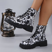 Women's Printed Lace-Up Boots Chunky Sole Low Heel Zipper Casual Shoes
