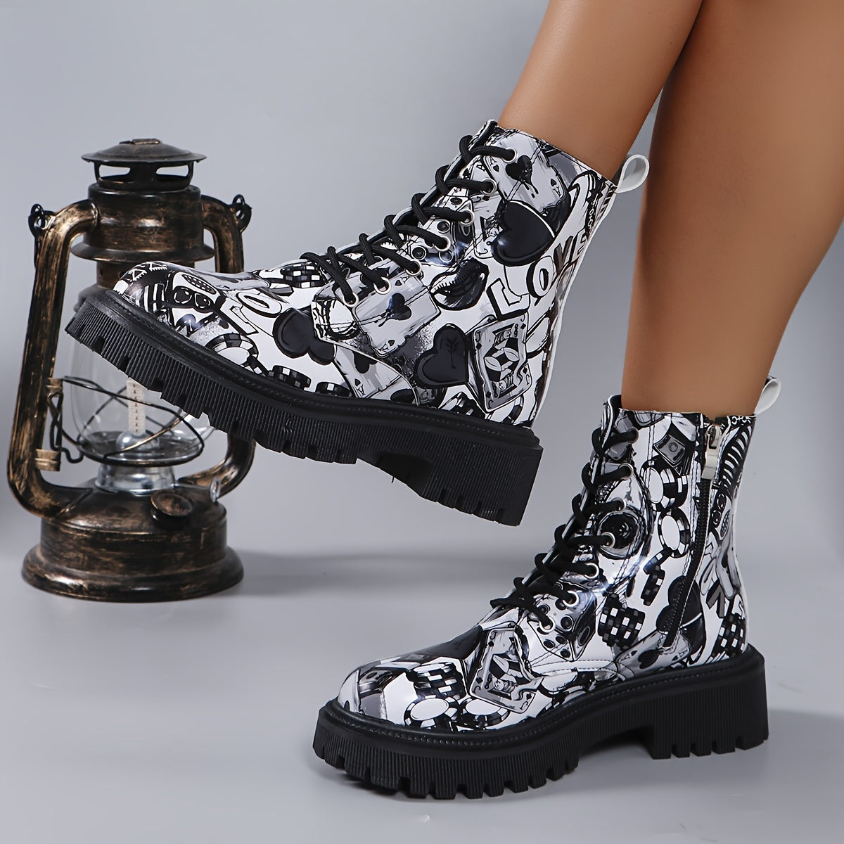 Women's Printed Lace-Up Boots Chunky Sole Low Heel Zipper Casual Shoes