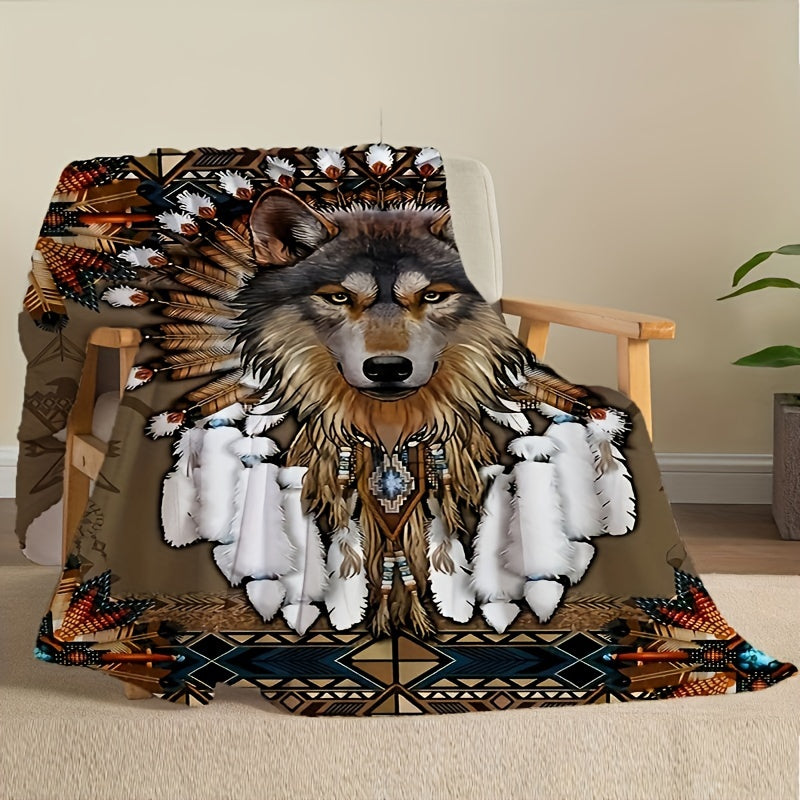 Native American Inspired Wolf Feather Print Flannel Blanket for Snuggling and Travel