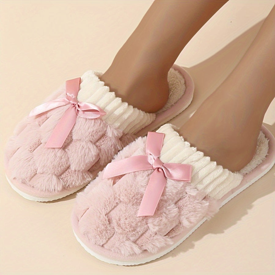 Winter Plush Cozy Non-Slip Fabric Slippers with Flat Bowknot for Home Warmth